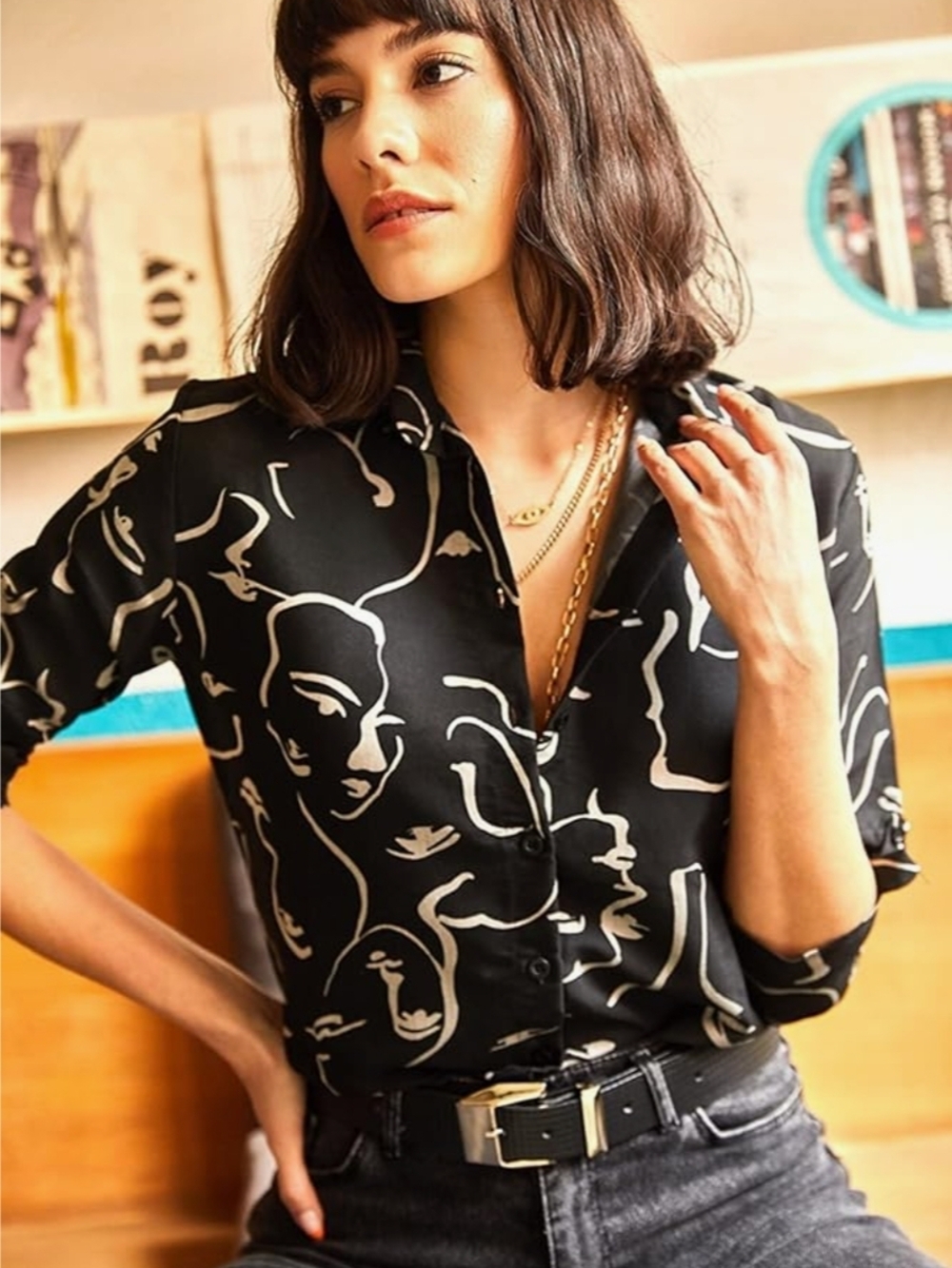 Black Abstract Face-Print Button Down Shirt - Picture 2 of 7